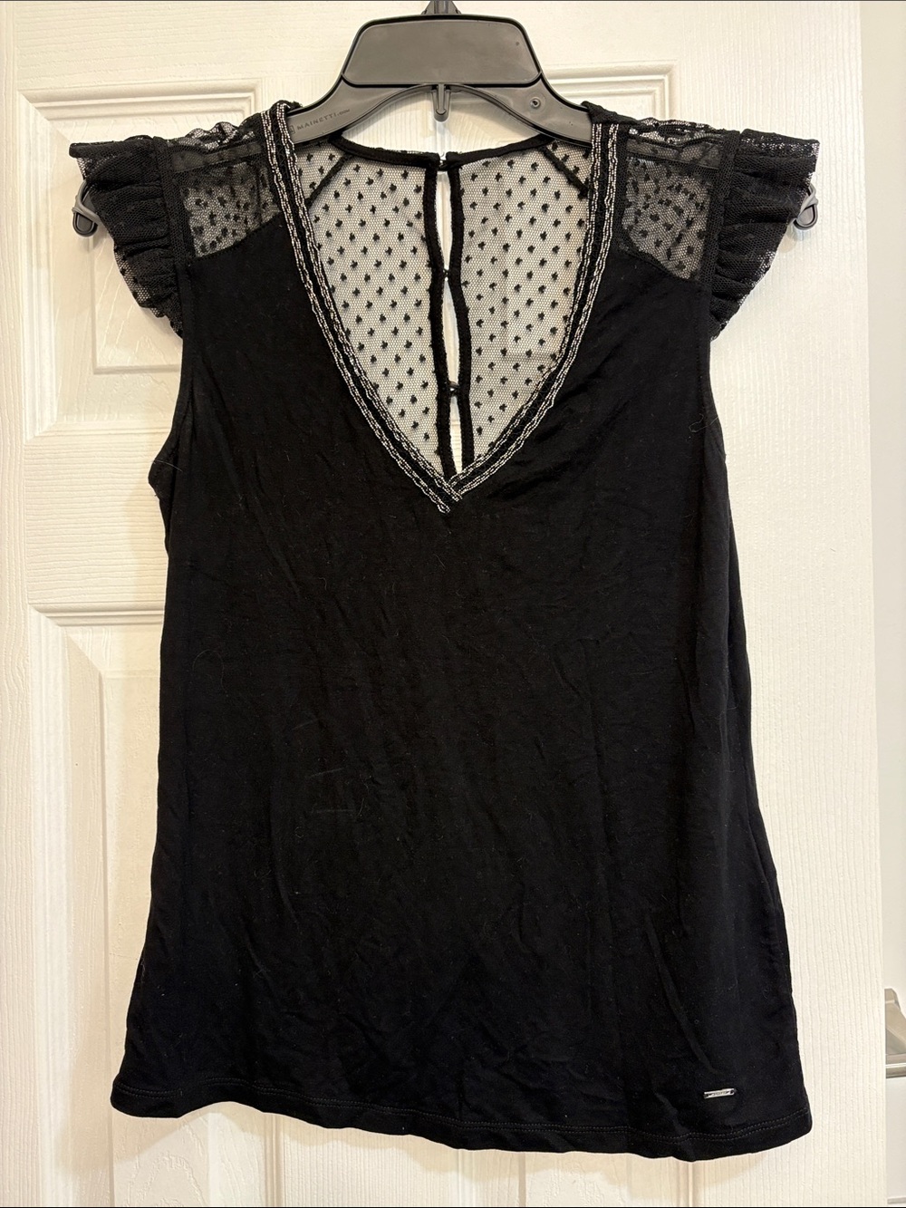 Morgan de Toi Black V-Neck Dot-Yoke Ruffle Sleeve Camisole